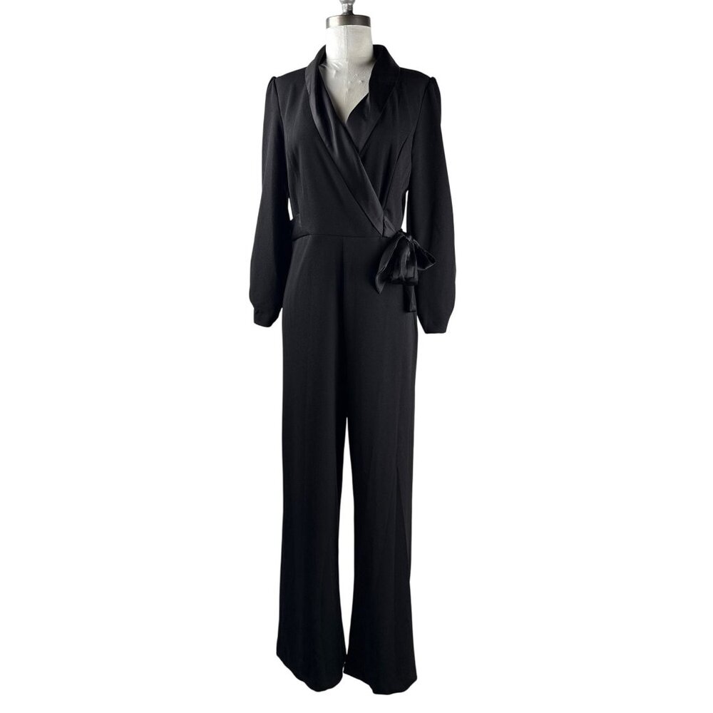 DKNY Women's Black Jumpsuit Satin Collar & Bow Tie V-Neck‎ Sleeved Size 6